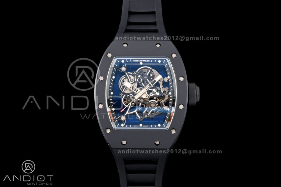 RM055 Black Ceramic A9F 1:1 Best Edition Black Inner Bezel on Black Rubber Strap RMUL2 Free Sprung