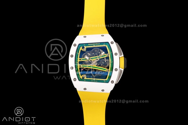 RM061 White Ceramic A9F 1:1 Best Edition on Yellow Rubber Strap RMUL2 Free Sprung