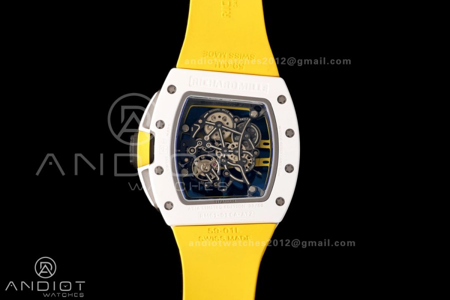 RM061 White Ceramic A9F 1:1 Best Edition on Yellow Rubber Strap RMUL2 Free Sprung