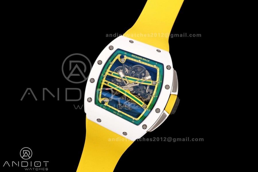RM061 White Ceramic A9F 1:1 Best Edition on Yellow Rubber Strap RMUL2 Free Sprung
