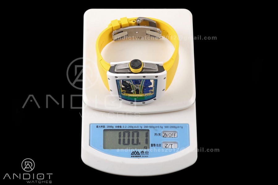 RM061 White Ceramic A9F 1:1 Best Edition on Yellow Rubber Strap RMUL2 Free Sprung