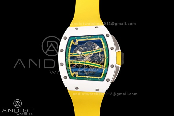 RM061 White Ceramic A9F 1:1 Best Edition on Yellow Rubber Strap RMUL2 Free Sprung