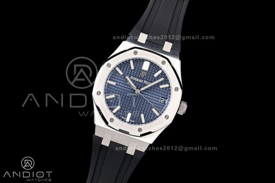 Royal Oak 15500 SS OCTA 1:1 Best Edition Blue Dial on Black Rubber Strap JH4302 Super Clone (Free Sprung)