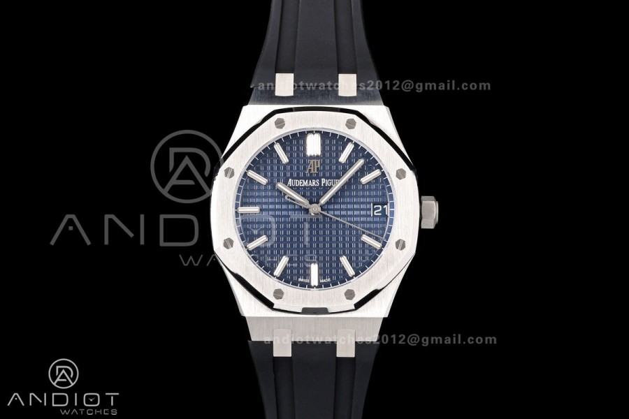 Royal Oak 15500 SS OCTA 1:1 Best Edition Blue Dial on Black Rubber Strap JH4302 Super Clone (Free Sprung)