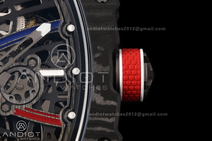 RICH Maker's 1:1 RM67-02 Black NTPT France Blue/Red/White Skeleton Dial CRMA7 Super Clone