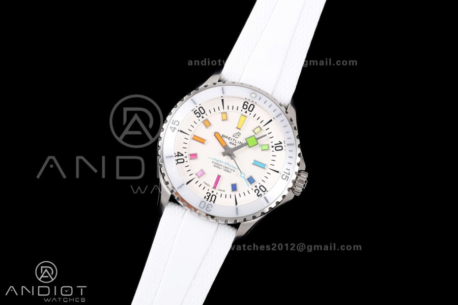 SuperOcean Automatic 42 SS BLF 1:1 Best Edition White Rainbow Dial on White Rubber Strap A2824