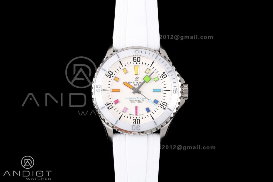SuperOcean Automatic 42 SS BLF 1:1 Best Edition White Rainbow Dial on White Rubber Strap A2824