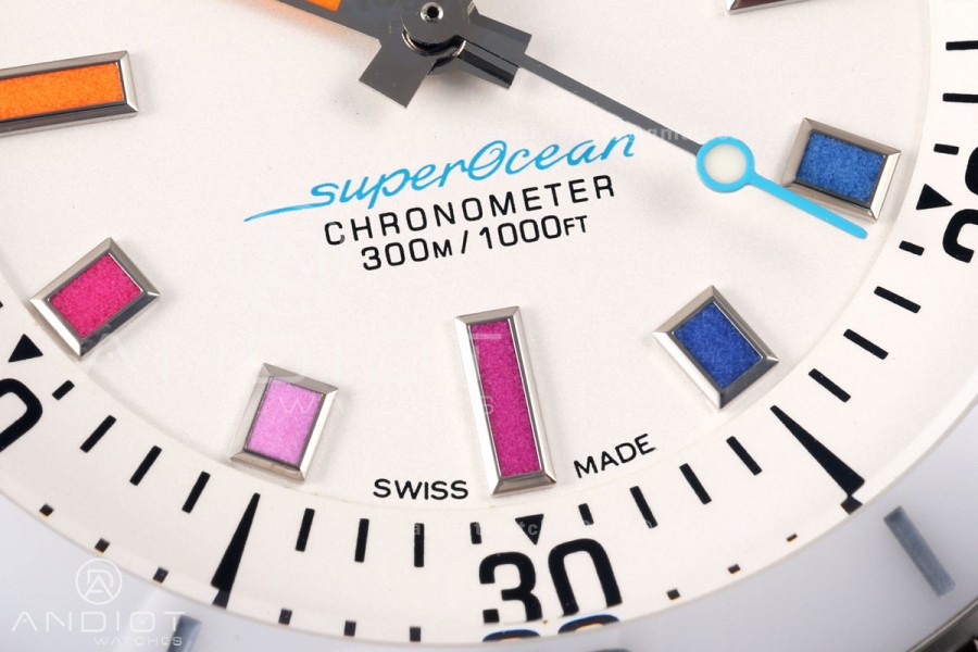 SuperOcean Automatic 42 SS BLF 1:1 Best Edition White Rainbow Dial on White Rubber Strap A2824