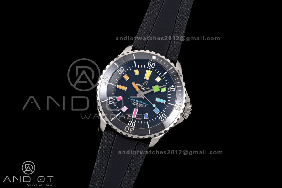 SuperOcean Automatic 42 SS BLF 1:1 Best Edition Black Rainbow Dial on Black Rubber Strap A2824