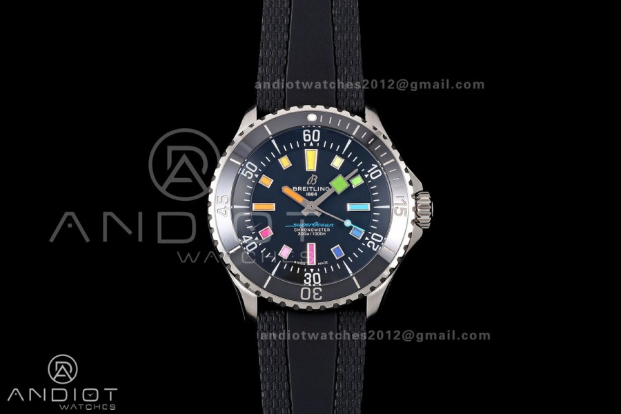 SuperOcean Automatic 42 SS BLF 1:1 Best Edition Black Rainbow Dial on Black Rubber Strap A2824