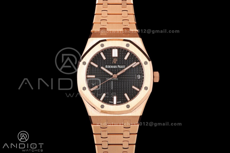 Royal Oak 41mm 15500 RG DDF 1:1 Best Edition Black Dial on RG Bracelet DD4302 Super Clone (Weighted)