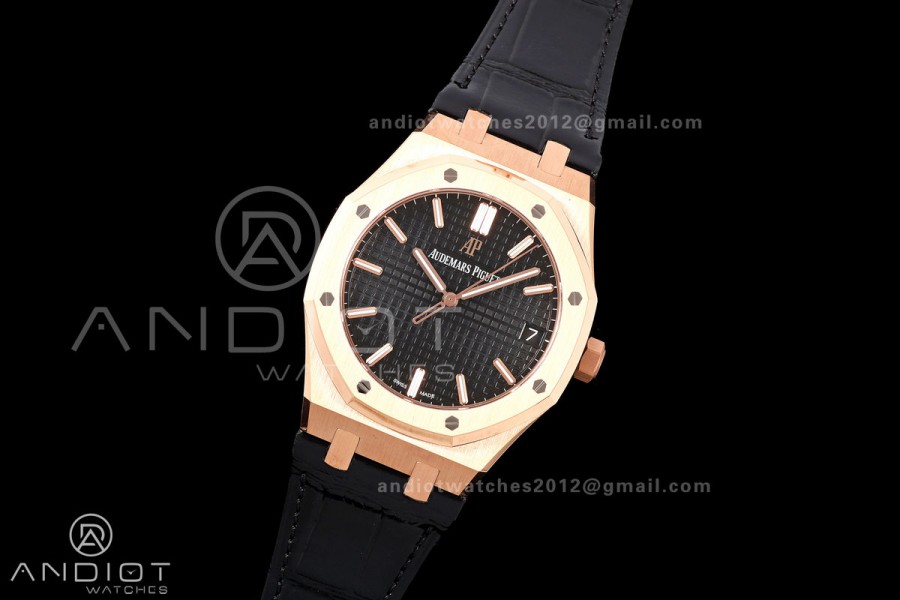 Royal Oak 41mm 15500 RG DDF 1:1 Best Edition Black Dial on Black Leather Strap DD4302 Super Clone (Weighted)
