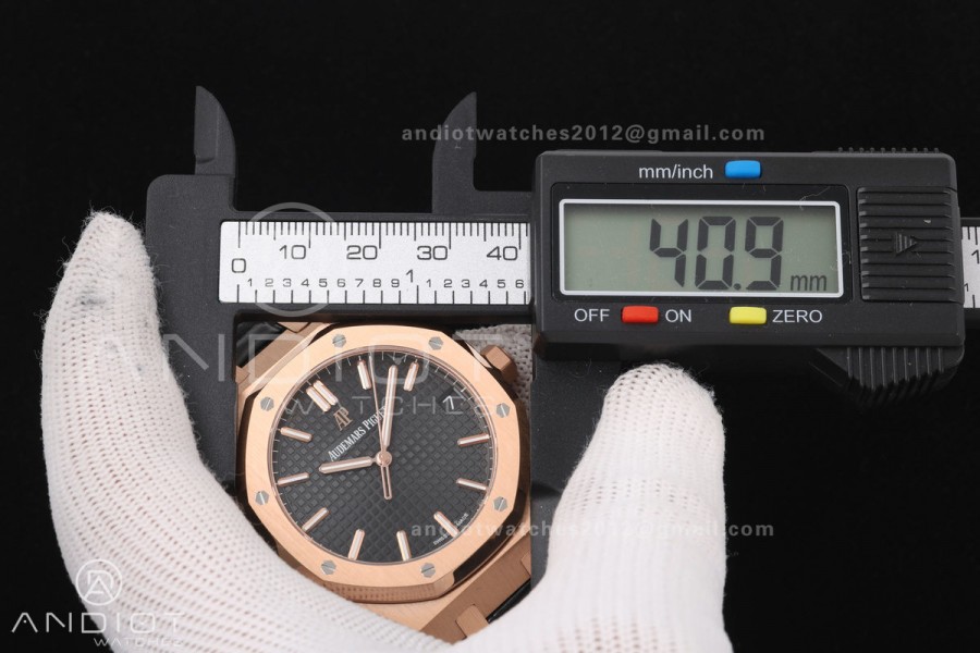 Royal Oak 41mm 15500 RG DDF 1:1 Best Edition Black Dial on Black Leather Strap DD4302 Super Clone (Weighted)