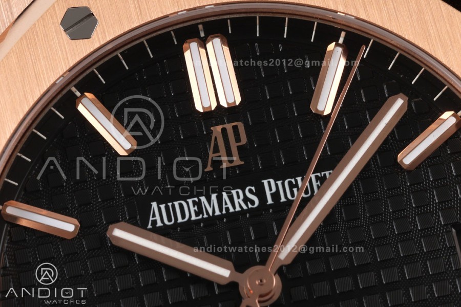 Royal Oak 41mm 15500 RG DDF 1:1 Best Edition Black Dial on Black Leather Strap DD4302 Super Clone (Weighted)