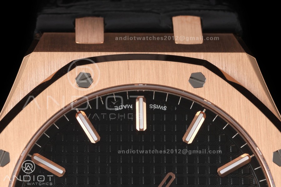 Royal Oak 41mm 15500 RG DDF 1:1 Best Edition Black Dial on Black Leather Strap DD4302 Super Clone (Weighted)