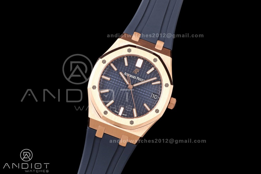 Royal Oak 41mm 15500 RG DDF 1:1 Best Edition Blue Dial on Blue Rubber Strap DD4302 Super Clone (Weighted)