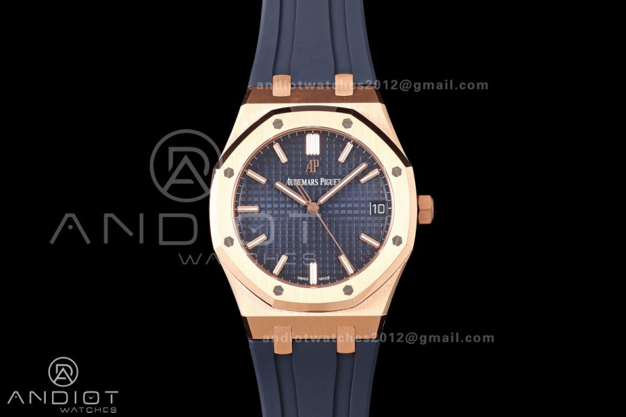 Royal Oak 41mm 15500 RG DDF 1:1 Best Edition Blue Dial on Blue Rubber Strap DD4302 Super Clone (Weighted)