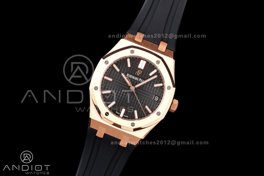 Royal Oak 41mm 15500 RG DDF 1:1 Best Edition Black Dial on Black Rubber Strap DD4302 Super Clone (Weighted)
