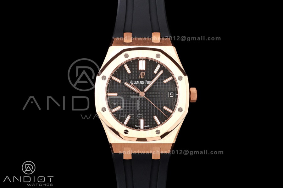 Royal Oak 41mm 15500 RG DDF 1:1 Best Edition Black Dial on Black Rubber Strap DD4302 Super Clone (Weighted)