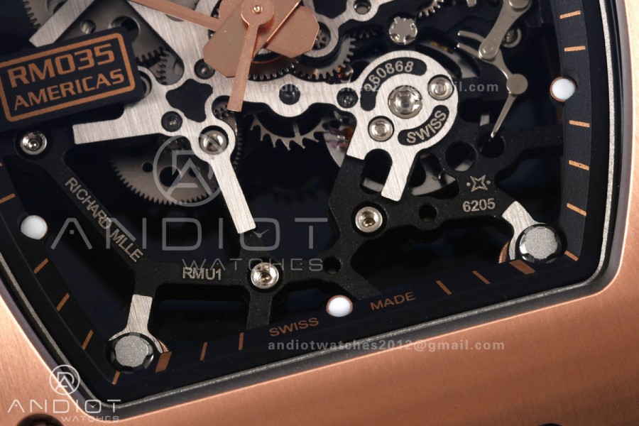 Mille Studio RM035 Americas RG Skeleton Dial on Black Rubber Strap RMUL1 Super Clone Free Sprung