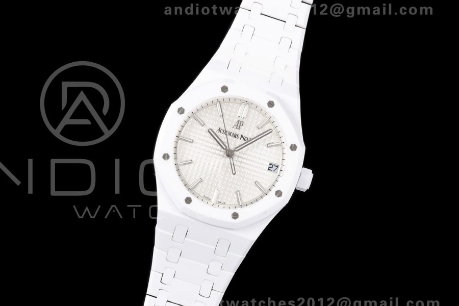 Royal Oak 41mm 15500 White Ceramic ZF White Dial on White Ceramic Bracelet SA4302 Super Clone (Free Sprung)