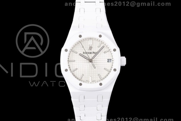Royal Oak 41mm 15500 White Ceramic ZF White Dial on White Ceramic Bracelet SA4302 Super Clone (Free Sprung)