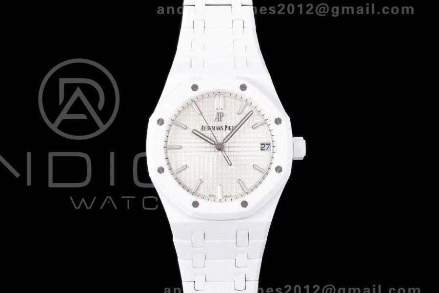 Royal Oak 41mm 15500 White Ceramic ZF White Dial on White Ceramic Bracelet SA4302 Super Clone (Free Sprung)