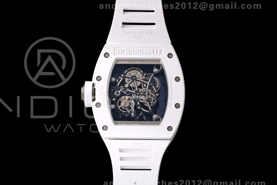 Mille Studio RM055 White Ceramic 1:1 Best Edition Skeleton Dial on White Rubber Strap RMUL2 Super Clone