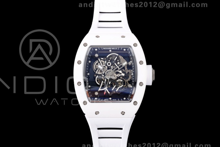 Mille Studio RM055 White Ceramic 1:1 Best Edition Skeleton Dial on White Rubber Strap RMUL2 Super Clone