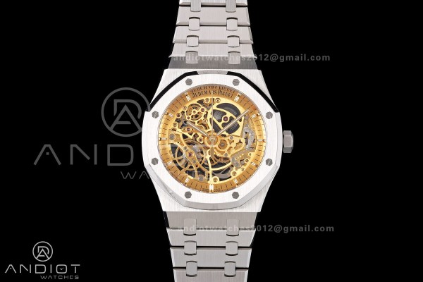 Royal Oak 41mm Openworked 15407 SS DDF 1:1 Best Edition YG Dial on SS Bracelet SA3132 Double Balance Wheels