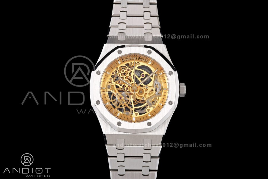 Royal Oak 41mm Openworked 15407 SS DDF 1:1 Best Edition YG Dial on SS Bracelet SA3132 Double Balance Wheels