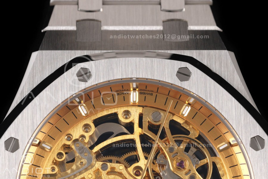 Royal Oak 41mm Openworked 15407 SS DDF 1:1 Best Edition YG Dial on SS Bracelet SA3132 Double Balance Wheels