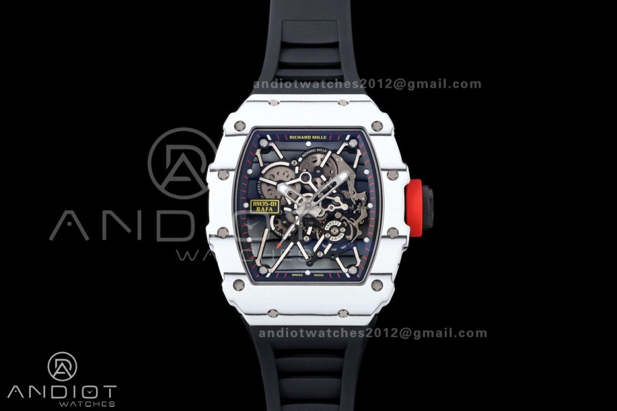 Mille Studio RM035-01 White NTPT 1:1 Best Edition Skeleton Dial on Black Rubber Strap RMAL3 Super Clone Free Sprung