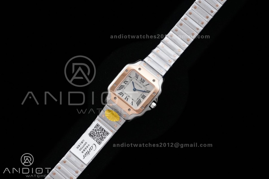 Santos W2SA0033 27x34mm AF 1:1 Best Edition Silver Dial ON SS/RG SmartLinks Bracelet Ronda Quartz