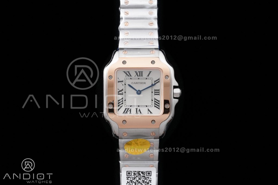 Santos W2SA0033 27x34mm AF 1:1 Best Edition Silver Dial ON SS/RG SmartLinks Bracelet Ronda Quartz