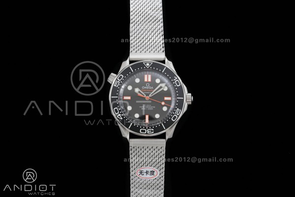 Seamaster 300M Diver 42mm Orange Second Hand SS ORF Best Edition Black Dial On Mesh Bracelet SuperClone 8806 (Free Rubber Strap)Free Sprung