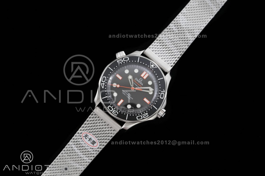 Seamaster 300M Diver 42mm Orange Second Hand SS ORF Best Edition Black Dial On Mesh Bracelet SuperClone 8806 (Free Rubber Strap)Free Sprung