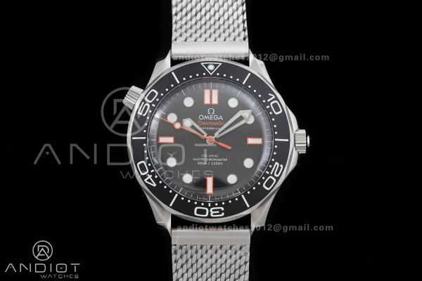 Seamaster 300M Diver 42mm Orange Second Hand SS ORF Best Edition Black Dial On Mesh Bracelet SuperClone 8806 (Free Rubber Strap)Free Sprung