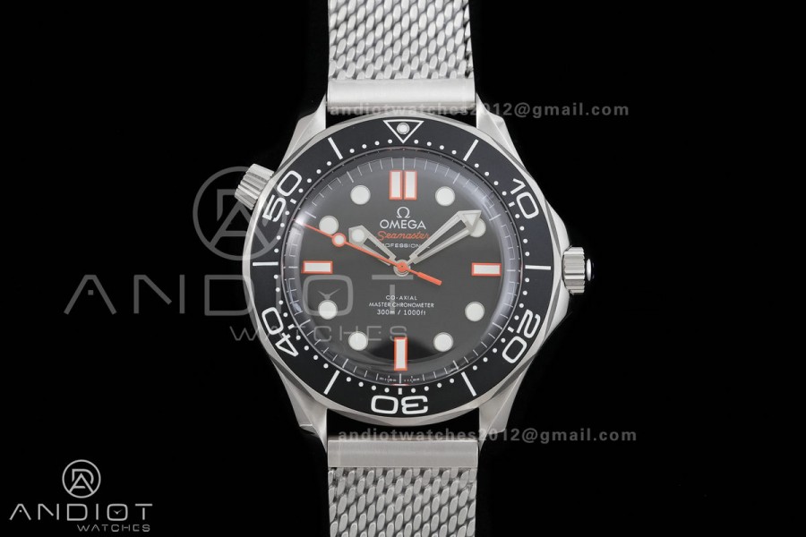 Seamaster 300M Diver 42mm Orange Second Hand SS ORF Best Edition Black Dial On Mesh Bracelet SuperClone 8806 (Free Rubber Strap)Free Sprung