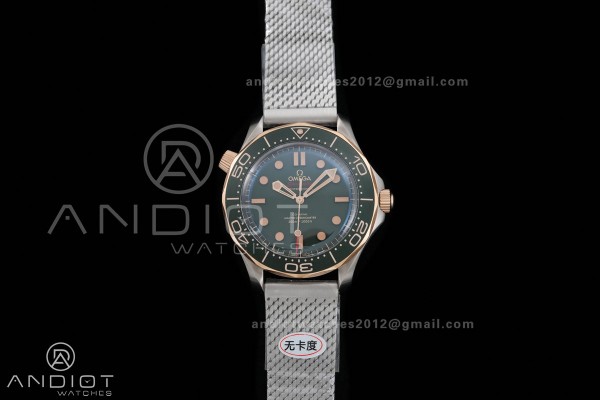 Seamaster 300M Diver Titanium/Bronze Gold ORF 1:1 Green Dial On Titanium Mesh Bracelet Asian Super Clone 8806(Free Rubber Strap)Free Sprung