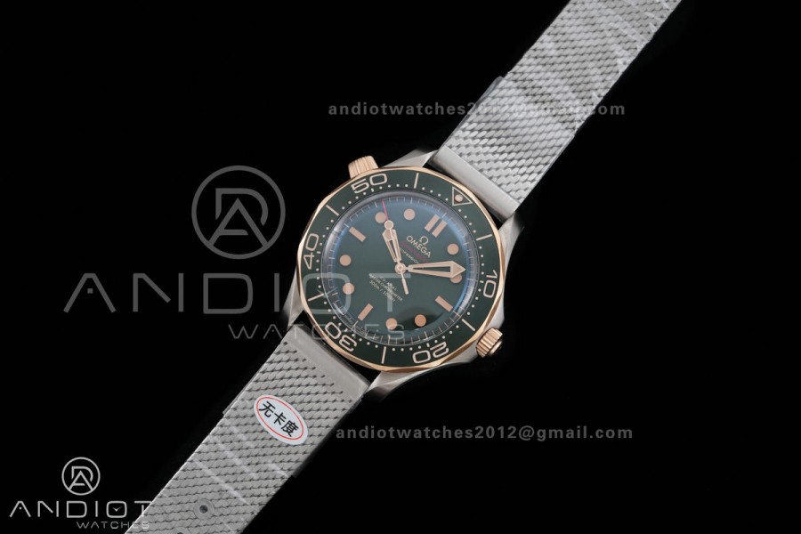 Seamaster 300M Diver Titanium/Bronze Gold ORF 1:1 Green Dial On Titanium Mesh Bracelet Asian Super Clone 8806(Free Rubber Strap)Free Sprung