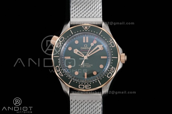 Seamaster 300M Diver Titanium/Bronze Gold ORF 1:1 Green Dial On Titanium Mesh Bracelet Asian Super Clone 8806(Free Rubber Strap)Free Sprung