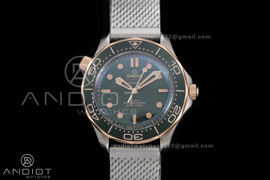 Seamaster 300M Diver Titanium/Bronze Gold ORF 1:1 Green Dial On Titanium Mesh Bracelet Asian Super Clone 8806(Free Rubber Strap)Free Sprung
