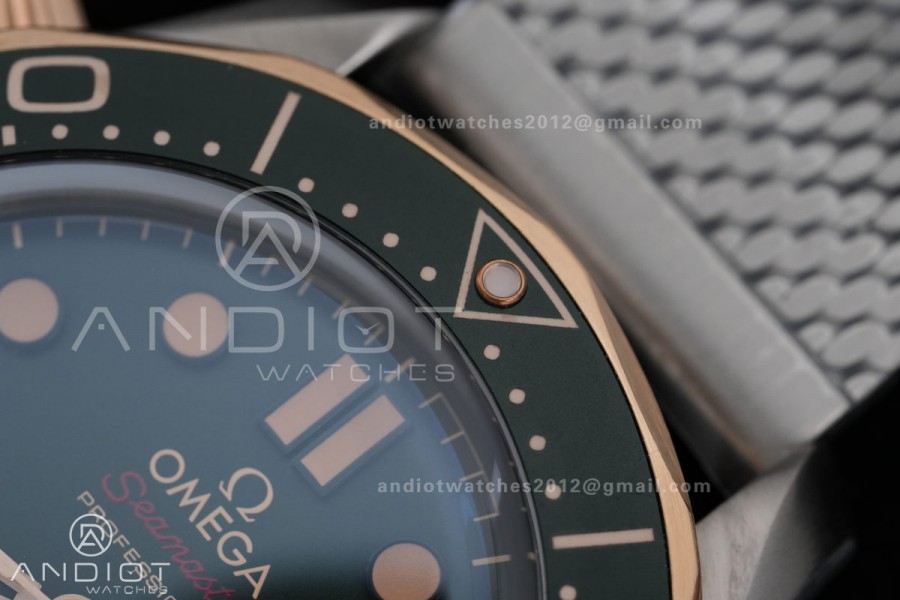 Seamaster 300M Diver Titanium/Bronze Gold ORF 1:1 Green Dial On Titanium Mesh Bracelet Asian Super Clone 8806(Free Rubber Strap)Free Sprung