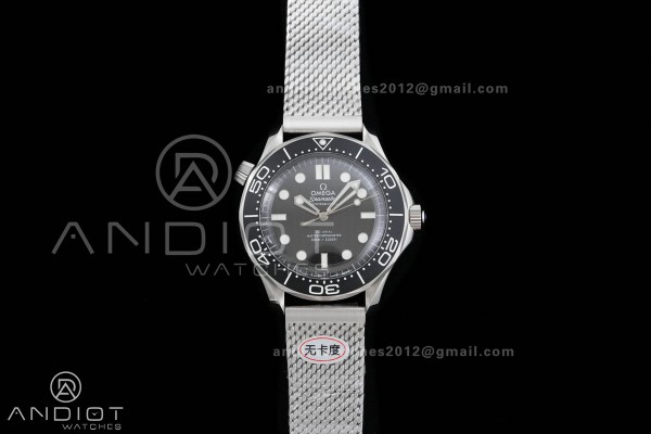 Seamaster 300M Diver 42mm SS ORF Best Edition Black Wave Texture Dial On Mesh Bracelet Super Clone 8806 (Free Rubber Strap) Free Sprung