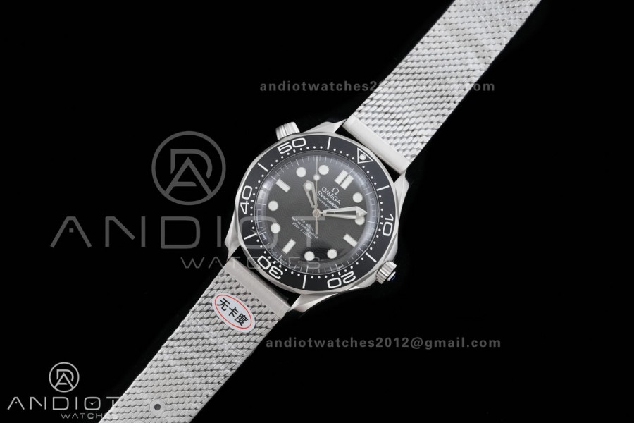 Seamaster 300M Diver 42mm SS ORF Best Edition Black Wave Texture Dial On Mesh Bracelet Super Clone 8806 (Free Rubber Strap) Free Sprung