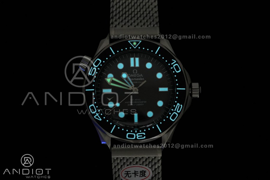 Seamaster 300M Diver 42mm SS ORF Best Edition Black Wave Texture Dial On Mesh Bracelet Super Clone 8806 (Free Rubber Strap) Free Sprung