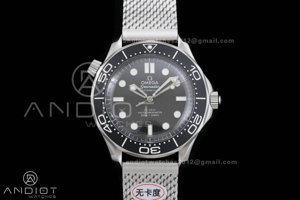 Seamaster 300M Diver 42mm SS ORF Best Edition Black Wave Texture Dial On Mesh Bracelet Super Clone 8806 (Free Rubber Strap) Free Sprung