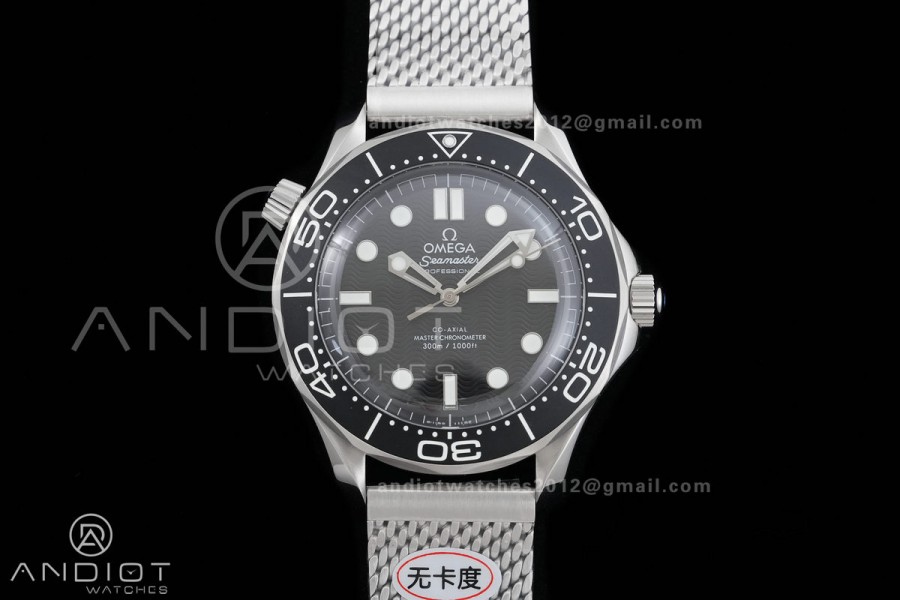 Seamaster 300M Diver 42mm SS ORF Best Edition Black Wave Texture Dial On Mesh Bracelet Super Clone 8806 (Free Rubber Strap) Free Sprung