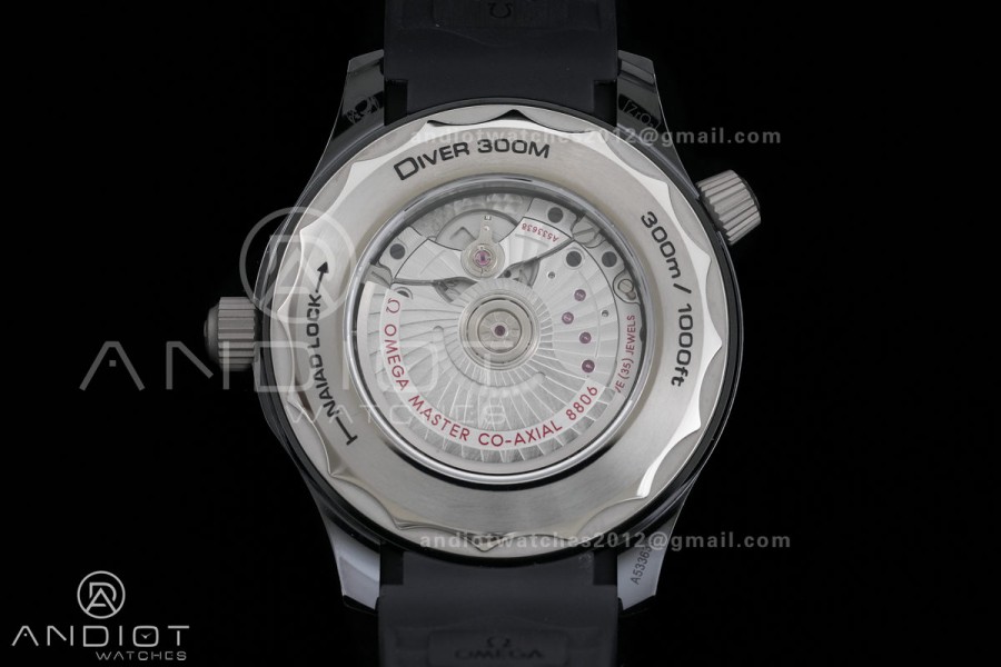 Seamaster Diver 300M Black Ceramic/SS ORF 1:1 Best Edition Black Dial On Black Rubber Strap Super Clone Asian 8806 Free Sprung